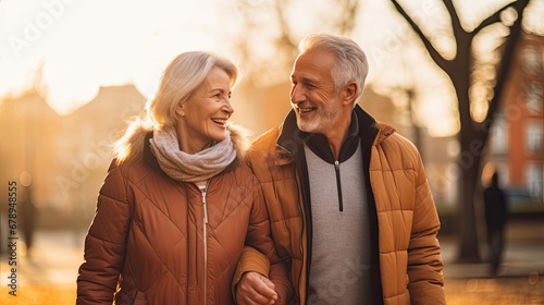 Harmony in Golden Years: Happy Senior Couple Cherishing Moments at the Park, themes of love, togetherness, nature, and the joy derived from simple outdoor activities. photo