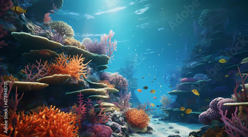 Coral reef with colored fish and sponges