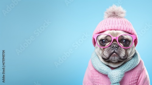 Cute pug dog dressed in pink sweater, cap and scarf, wearing glasses. Minimal concept of winter clothes commercial and fashion collection campaign. Pastel colors, light blue background with copy space © Nata