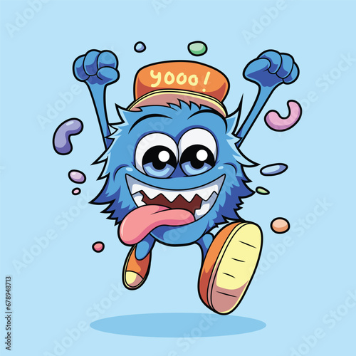 Cartoon Cute Monster Jumping in the air, Vector Illustration