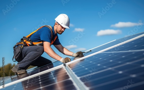 Working in the Sun: A Man in an Orange Safety Vest Repairing a Solar Panel