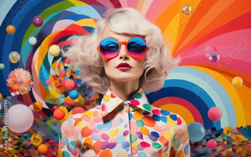 Colorful Shades of Style: A Fashionable Woman with White Hair Dons Vibrant Sunglasses