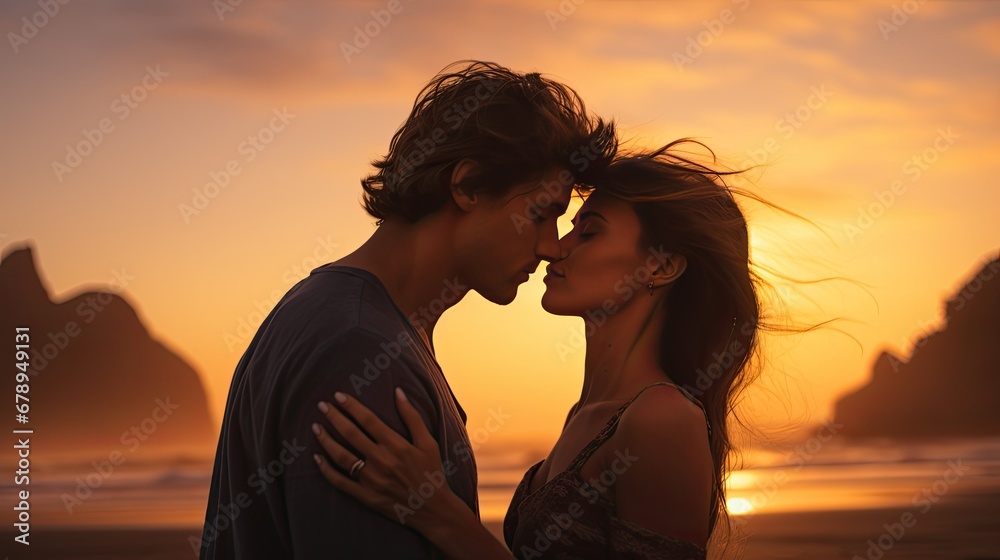 Twilight Embrace: A Love-filled Sunset Kiss on Valentine's Day, the essence of the scene, emphasizing the intimate and affectionate nature of the kiss at twilight.