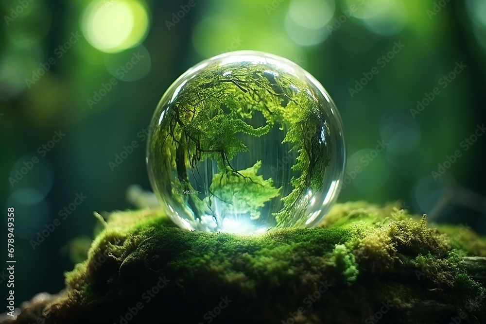 A green tree seen through the lens ball. A lens ball on green moss., Green nature in the water ball A green tree seen through the lens ball. A lens ball on green moss., Green nature in the water ball