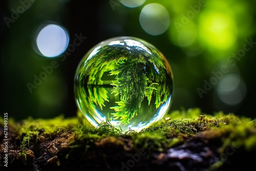 A green tree seen through the lens ball. A lens ball on green moss., Green nature in the water ball