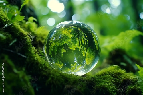 A green tree seen through the lens ball. A lens ball on green moss.  Green nature in the water ball