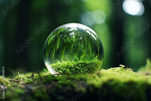 A green tree seen through the lens ball. A lens ball on green moss.  Green nature in the water ball