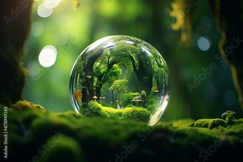 A green tree seen through the lens ball. A lens ball on green moss., Green nature in the water ball © Wuttichaik