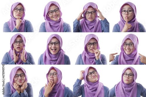 Asian muslim woman with various face expressions, happy, smile, laugh, angry, shock worried