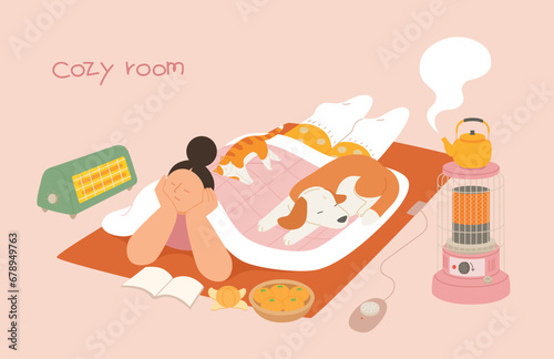 A view of a room in Korea during winter. A girl is lying on a warm electric mat, eating tangerines and reading a book. A dog and a cat are taking a nap together.