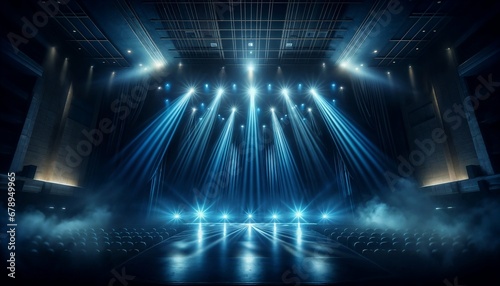 Stage illuminated by scenic lights and fog. Blue spotlight with smoke volume light effect on black background. Stadium projector
