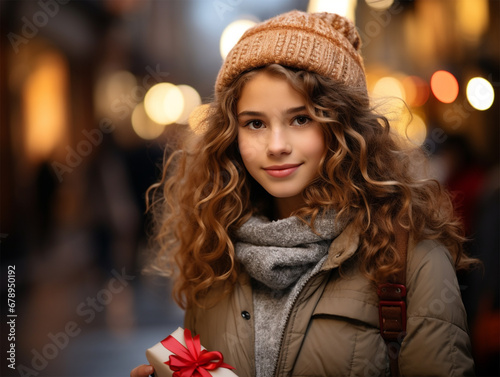 Smiling cute curly girl with gift box posing at festive street market before performance. Festive Christmas market, winter holidays concept.