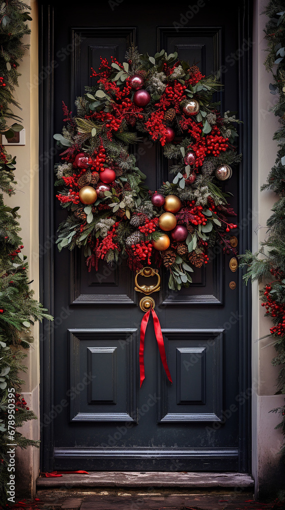 Christmas wreath on the door. Vertical New Year background.