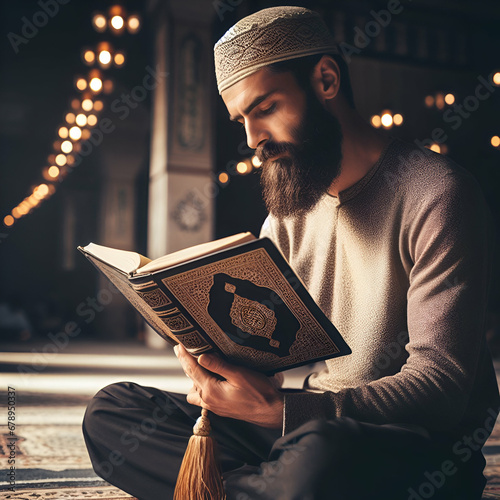 Islamic Religious Muslim Man Sitting on a Rug Holding & Reading the Holy Quran Enuntiat Pose in Ramadan in a Mosque or Masjid before Prayer Time Subdued Dark Light Eastern Religion & Knowledge Concept photo