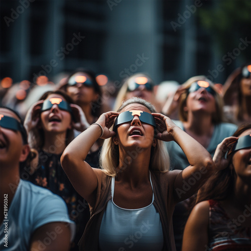 a crowd of people in special glasses watching the solar eclipse. 