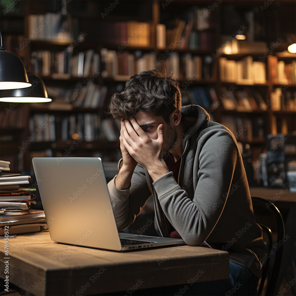 upset and tired man holding his head with his hands at a computer at a table in the library. business, deadlines and technology concept - man with a computer working in the night upset and tired man holding his head with his hands at a computer at a table in the library. business, deadlines and technology concept - man with a computer working in the night