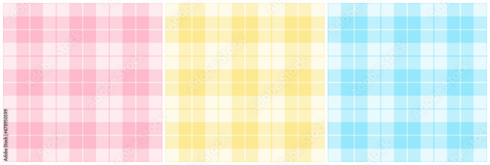 Pink, yellow and light blue plaid pattern set. Vector seamless check pattern for plaid fabric, flannel shirt, blanket, clothes, skirt, tablecloth, textile.