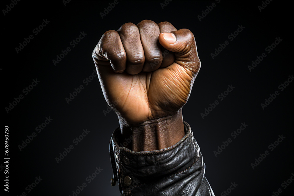 Black fist of a man in a leather jacket raised up in the air on a black background, black lives matter, racial injustice. Fighting racism. Human rights, struggle, protests against racism - obrazy, fototapety, plakaty 
