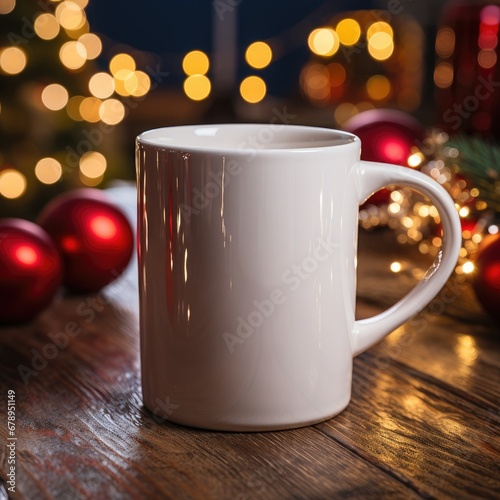 Cup of coffee on wooden table with christmas lights on background
