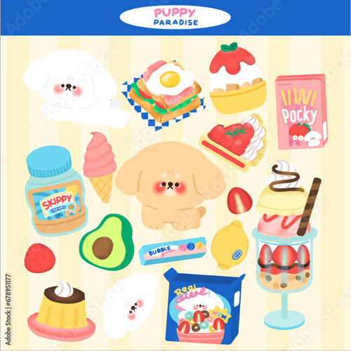 dog with set of food cartoon vector