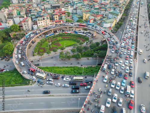 Aerial view of Vinh Tuy bridge with a traffic intersection. photo