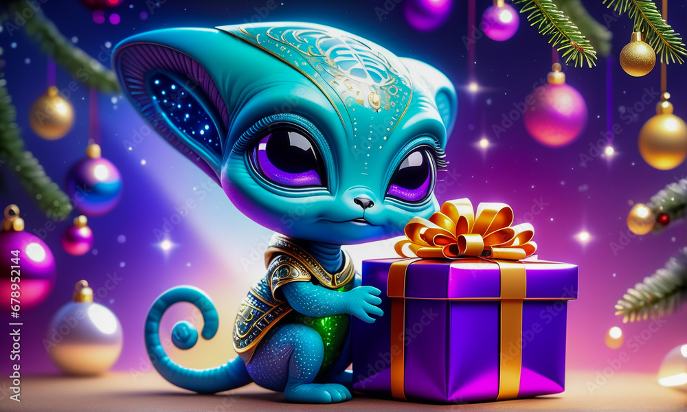 Cute blue alien is touching a purple Christmas gift box, Generative Ai
