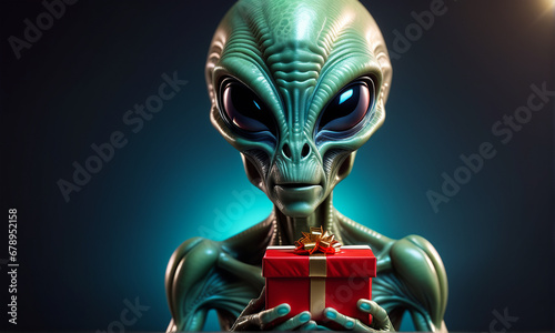 A green alien looking straight ahead while holding a Christmas present in his hand, Generative Ai  © feelsogood