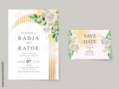 white flowers and leaves wedding invitation card template