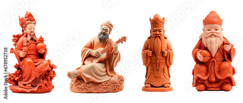Traditional Chinese clay figures in the style Terracotta statues of wise men. Isolated on white transparent background