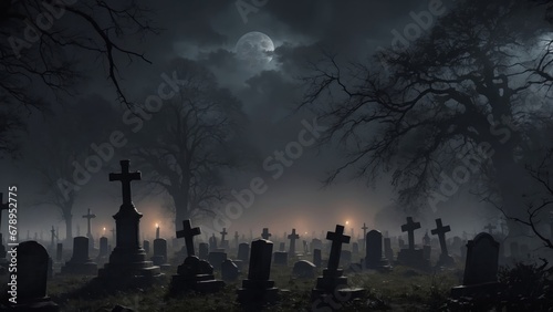 Cemetery. Graveyard on a mysterious and dark night with little light. 4K - 8K - 12K TV. Generative AI.