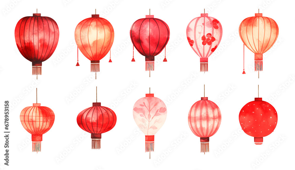 Collage of Chinese lanterns in red tones over isolated transparent background