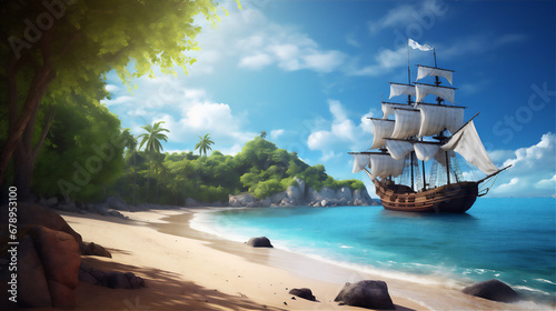 calm sea at tropical beach in blue bright sky, a huge pirate sailing ship sailed above it, reflection, coconut trees, beautiful sky, hyper realistic, dramatic light and shadows
