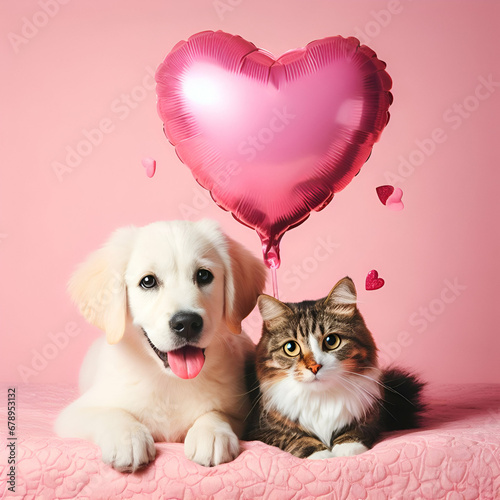 Cute Sweet Romantic Twin Dog Puppy and Cat Kitten Couple Animals Portrait with Valentine Love Heart Shaped Balloon Sitting Hugging Kissing Next to Each Other on Pink Background New Year Meow Ruff Bark photo