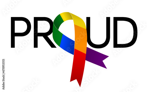 Proud word with Rainbow ribbon. LGBTQ support. PNG illustration isolated on transparent background