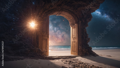 A surreal stone gateway on a peaceful beach at night.