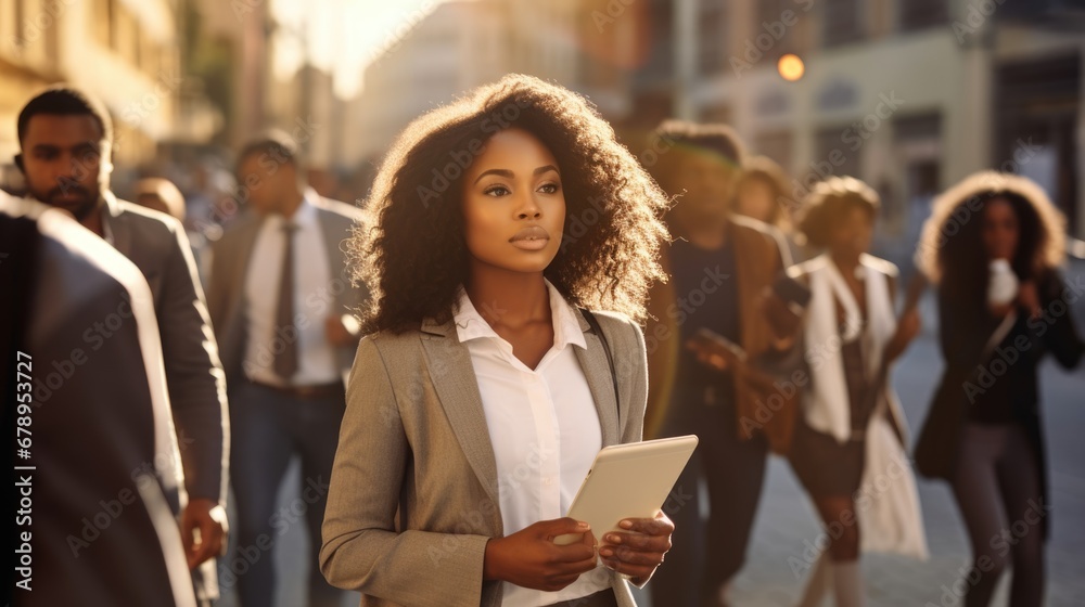 Confident African American businesswoman hurry walking to work with business people on street looking  at camera, executive manager young female Afro hair wearing white suit hold notebook technology