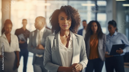 Smiling african American businesswoman standing in front of team of business people working in the office looking camera, executive manager female Afro hair wearing white suit hold notebook technology