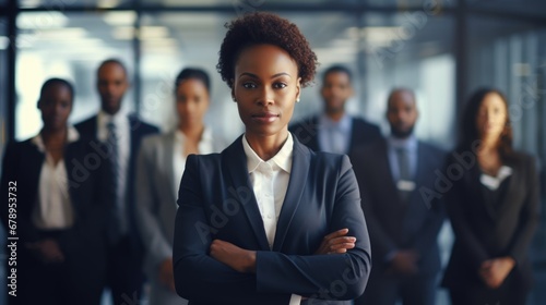 Confident African American businesswoman standing in front of team of business people working in the office looking at camera  executive manager female Afro hair wearing black suit arm crossed meeting