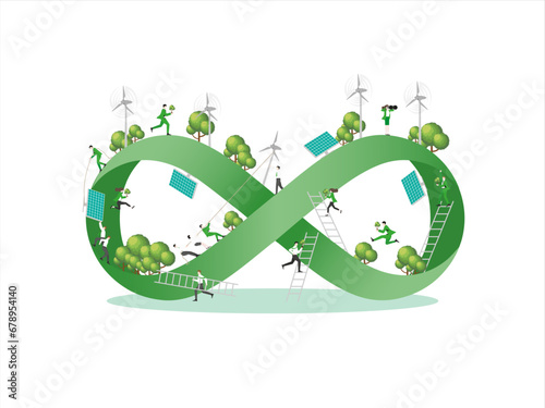ESG sustainability business, green energy, sustainable industry with windmill and solar energy panels. Environmental, Social, and Corporate Governance concept. People construction vector illustration.