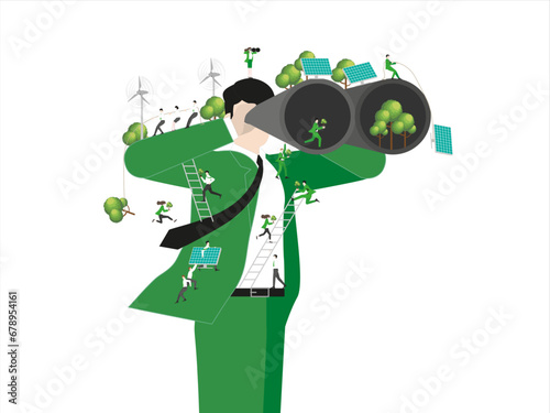 ESG sustainability business, green energy, sustainable industry with windmill and solar energy panels. Environmental, Social, and Corporate Governance concept. People construction vector illustration.