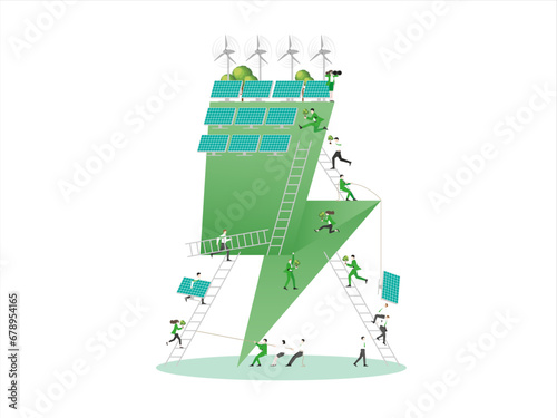 ESG sustainability business, green energy, sustainable industry with windmill and solar energy panels. Environmental, Social, and Corporate Governance concept. People construction vector illustration.