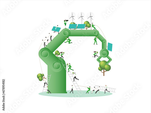 ESG sustainability business, green energy, sustainable industry with windmill and solar energy panels. Environmental, Social, and Corporate Governance concept. People construction vector illustration.