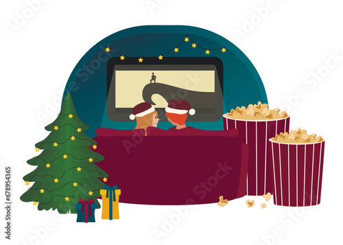Couple watching Christmas movie at home