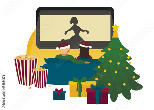 Couple watching Christmas movie at home