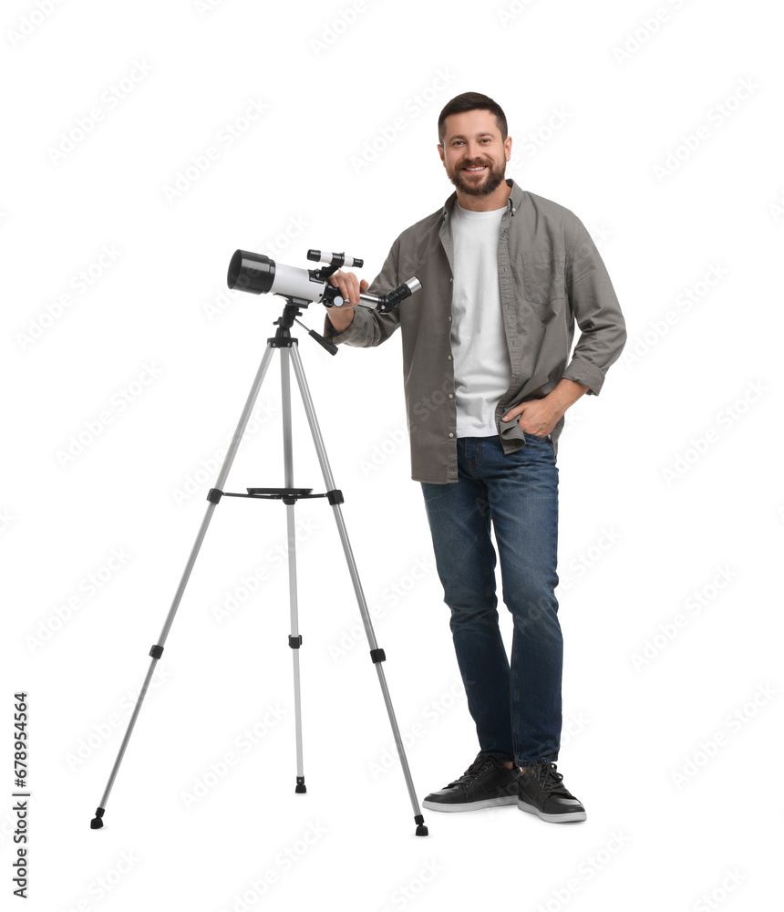 Happy astronomer with telescope on white background