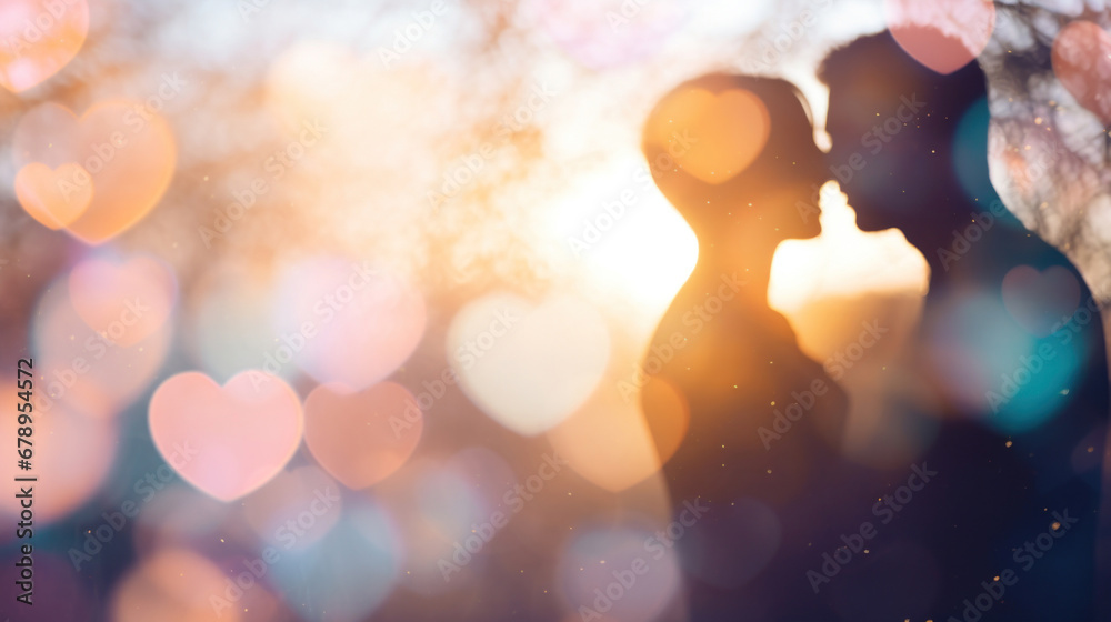 Obraz premium Silhouette of a couple in love with heart bokeh background