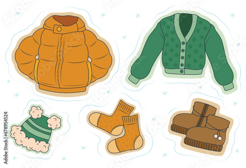 Collage of stylish winter clothes on white background