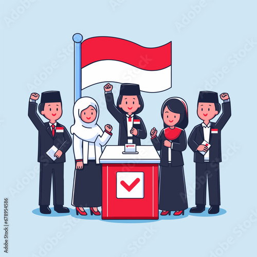 People celebrate the Pemilu Indonesia presidential election through voting box vector illustration