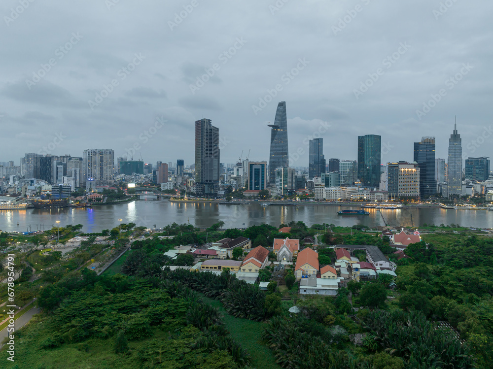 Aerial skyline view of Ho Chi Minh city during twilight period, Sai Gon cityscape