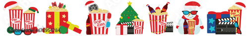 Buckets of popcorn with Christmas decor, movie clapper, tickets, film reel and cola drink on white background
